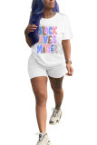 White Fashion Casual adult Letter Patchwork Print Two Piece Suits Straight Short Sleeve Two Pieces