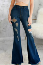 Dark Blue Casual Solid Ripped Mid Waist Boot Cut Denim Jeans