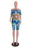 Blue Fashion adult OL Patchwork Print Tie Dye Two Piece Suits pencil Short Sleeve Two Pieces
