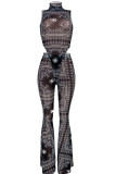 Black Network Sexy Print Mesh perspective HOLLOWED OUT Boot Cut Sleeveless Two Pieces