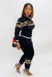 Black Fashion adult Active Camouflage Print Two Piece Suits Patchwork pencil Long Sleeve Two-pi