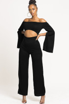 Black Sexy Patchwork Solid Ruffled Long Sleeve one word collar Jumpsuits