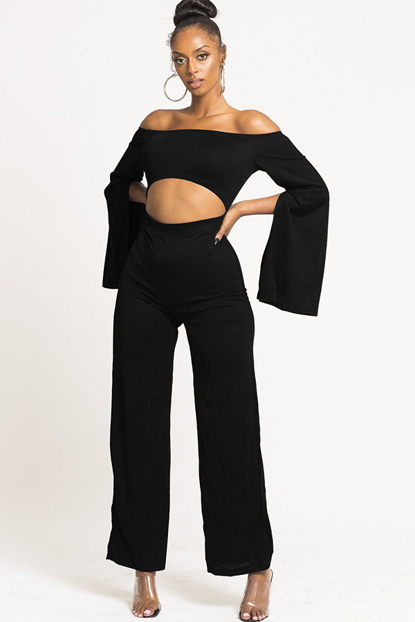 Black Sexy Patchwork Solid Ruffled Long Sleeve one word collar Jumpsuits