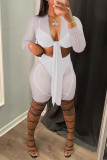 White Fashion Sexy Patchwork Bandage See-through V Neck Long Sleeve Two Pieces