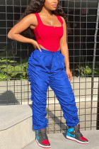 Blue Elastic Fly Sleeveless Mid Patchwork Draped Solid Straight Pants