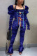 Deep Blue Sexy Casual Camouflage Print Strap Design Square Collar Long Sleeve Two Pieces