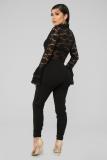 Black Sexy Fashion Ruffled Patchwork Solid Long Sleeve O Neck Playsuits