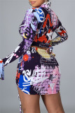Blue Fashion Sexy Print Draw String Long Sleeve Four-piece Set