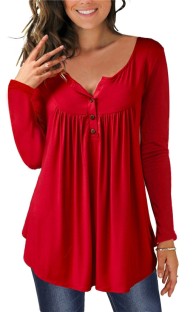 Red Regular O-Neck Full Button Solid Regular Tees & T-shirts