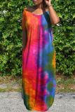 Green Casual Patchwork Tie-dye Slit V Neck Straight Dresses