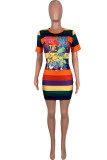 cartoon Fashion Casual cartoon multicolor Cap Sleeve Short Sleeves O neck Step Skirt skirt Striped Print Dresses