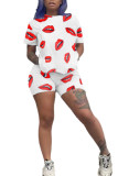 Black Fashion Casual adult Patchwork Print Two Piece Suits Lips Print Straight Short Sleeve Two Pieces