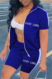 Blue Casual Sportswear Letter Embroidered Patchwork Zipper Collar Short Sleeve Two Pieces