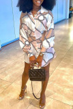Multicolor Fashion Casual Print Basic Turndown Collar Shirt Dress