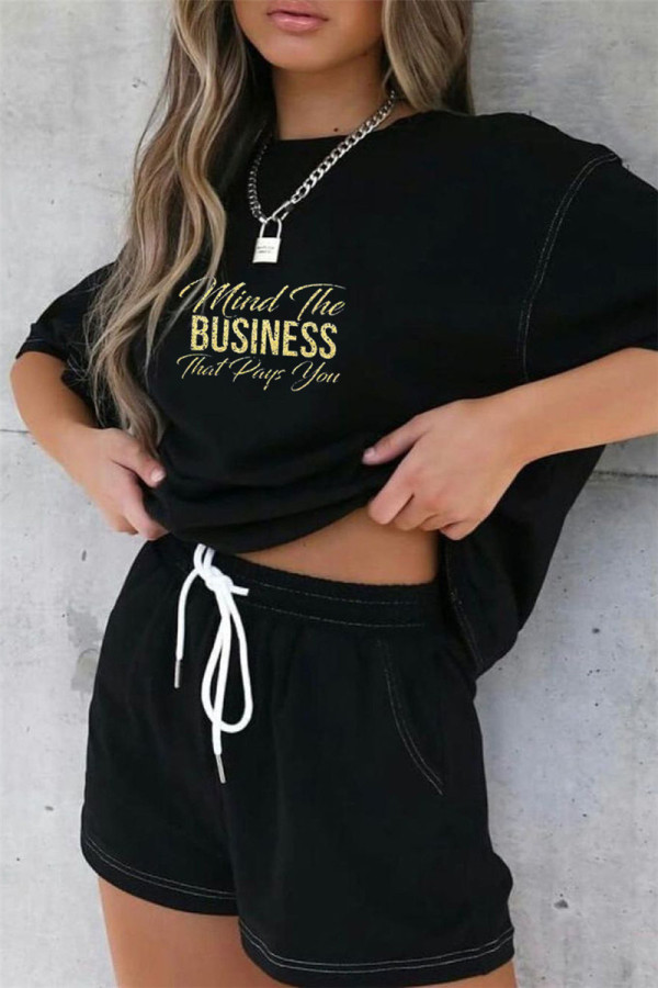 Black Yellow Fashion Casual Print Basic O Neck Short Sleeve Two Pieces