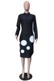 White Casual Fashion Cap Sleeve Long Sleeves Turndown Collar Slim Dress Knee-Length Solid Ball a