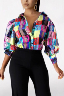 colour Chemical fiber blend Mandarin Collar Long Sleeve Plaid Print Tops