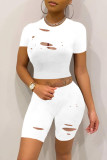 Black Fashion Casual Solid Ripped O Neck Short Sleeve Two Pieces