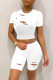 White Fashion Casual Solid Ripped O Neck Short Sleeve Two Pieces