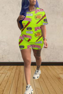 Green Milk Silk Fashion Street Print Two Piece Suits Straight Short Sleeve Two Pieces
