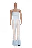 Blue Fashion Casual Draped Print Striped Sleeveless Slip Jumpsuits
