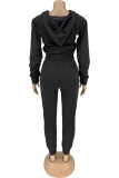 Black Gray Sportswear Solid Patchwork Hooded Collar Long Sleeve Two Pieces
