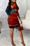 Multicolor Sexy Print Patchwork V Neck Pencil Skirt Dresses