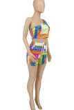 Purple Street Geometric Print Patchwork Oblique Collar Sleeveless Two Pieces