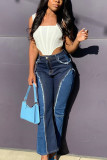 Blue Work Daily Solid Patchwork Mid Waist Regular Jeans