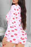 Red Casual Living Lips Printed Basic V Neck Skinny Romper