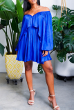 Blue Casual Solid Patchwork Off the Shoulder Cake Skirt Plus Size Dresses