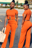 Orange Casual Fashion Slim fit crop top Solid Two Piece Suits Straight