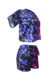 Blue Fashion Casual Camouflage Print Basic O Neck Short Sleeve Two Pieces