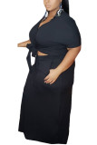 Black Fashion Sexy adult Ma'am V Neck Patchwork Solid Two Piece Suits Stitching Plus Size