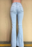 Blue Sweet Solid Ripped Mid Waist Denim