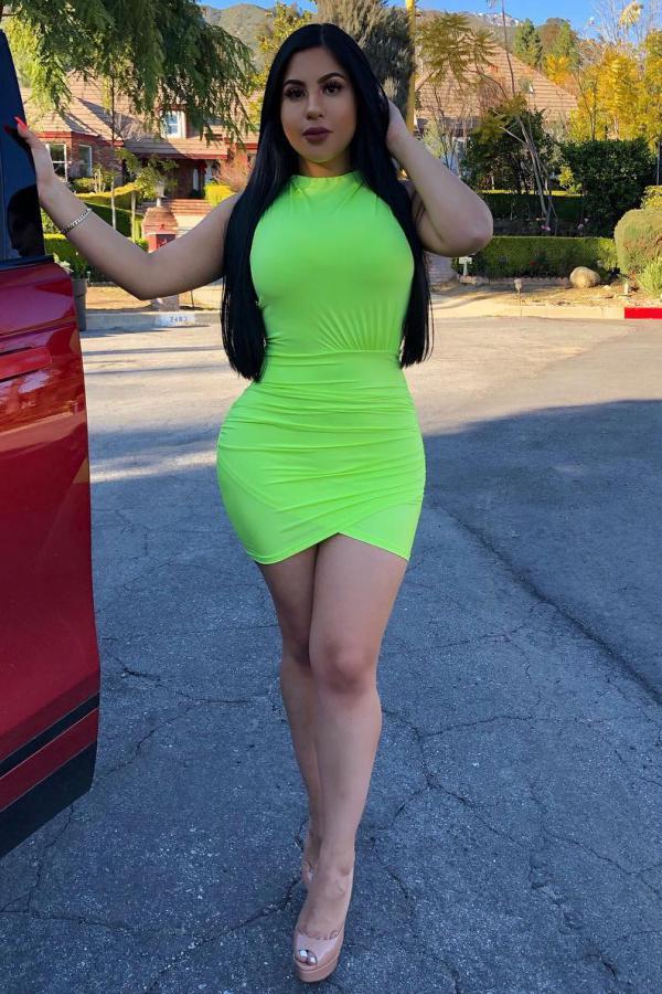 Green Sexy Fashion Cap Sleeve Sleeveless O neck Hip skirt Mini asymmetrical Solid Casual Dresse