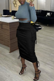 Black Sweet Solid Bandage Pocket Skinny Bottoms
