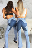 Light Blue Denim Button Fly Zipper Fly High washing Patchwork Zippered Boot Cut Pants 