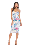 White Fashion Sexy Spaghetti Strap Sleeveless Slip Step Skirt Knee-Length Patchwork Print Club Dresses