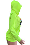 Fluorescent green Chemical fiber blend hooded Long Sleeve Letter Print Fluorescent Rainbow Tops
