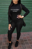 Black Casual Letter Print O Neck Regular Jumpsuits
