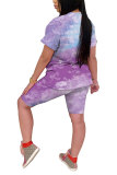 Powder blue Fashion Casual adult Patchwork Print Tie Dye Gradient Two Piece Suits pencil Short Sleeve Two Pieces