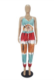 Blue Purple Sexy Casual Print Tie Dye Backless V Neck Sleeveless Two Pieces