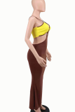 Brown Sexy Solid Hollowed Out Spaghetti Strap Pencil Skirt Dresses