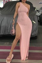 Pink Sexy Solid High Opening One Shoulder Irregular Dress Dresses