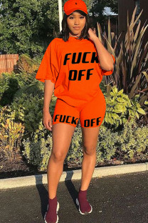 Orange Fashion Sexy adult Ma'am Letter Patchwork Print Two Piece Suits pencil Short Sleeve Two Pieces
