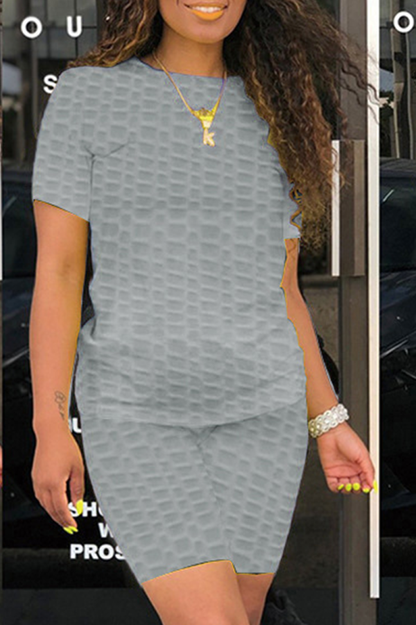 Grey Casual Solid Patchwork O Neck Short Sleeve Two Pieces