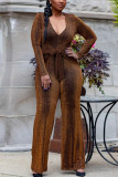 Silver Sexy Solid Patch V Neck Regular Jumpsuits