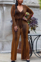 Gold Sexy Solid Patch V Neck Regular Jumpsuits