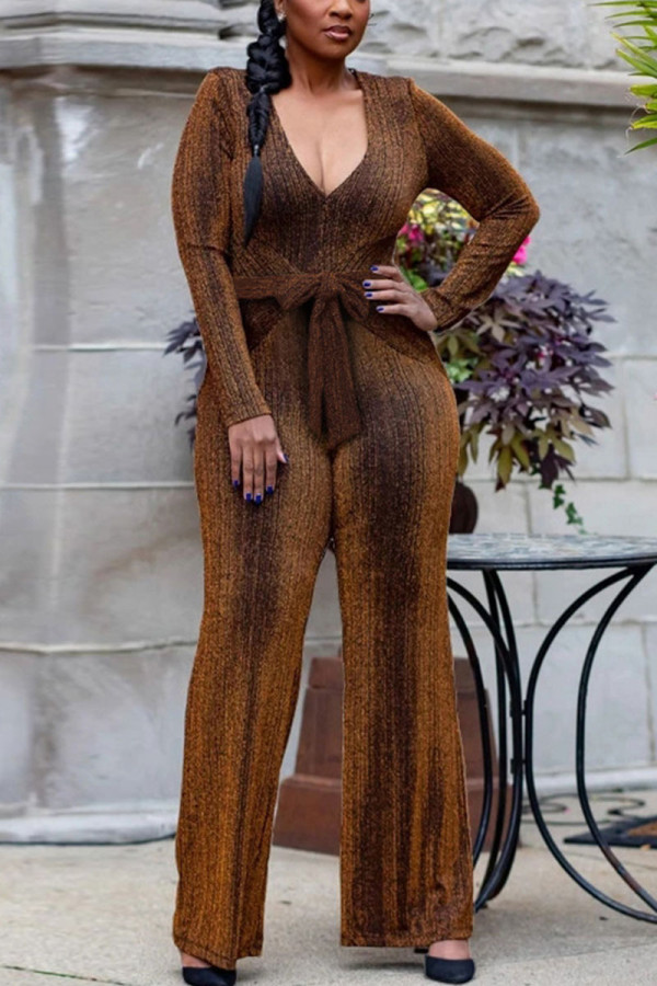 Gold Sexy Solid Patch V Neck Regular Jumpsuits